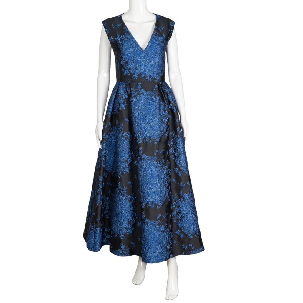 VALENTINO Blue Floral Sleeve Less V Neck Maxi Dress Size S